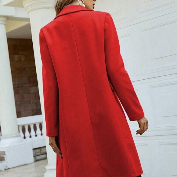 Red Elegant Women's Turndown Collar Long Sleeve Double-Breasted Knitted Coat - Picture 2 of 5